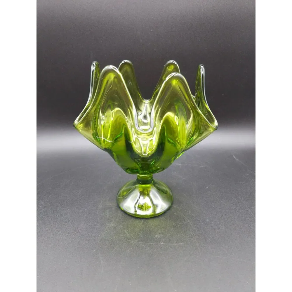 Vintage Green Viking Epic Six Petal Handkerchief Footed Compote Dish Vase 7